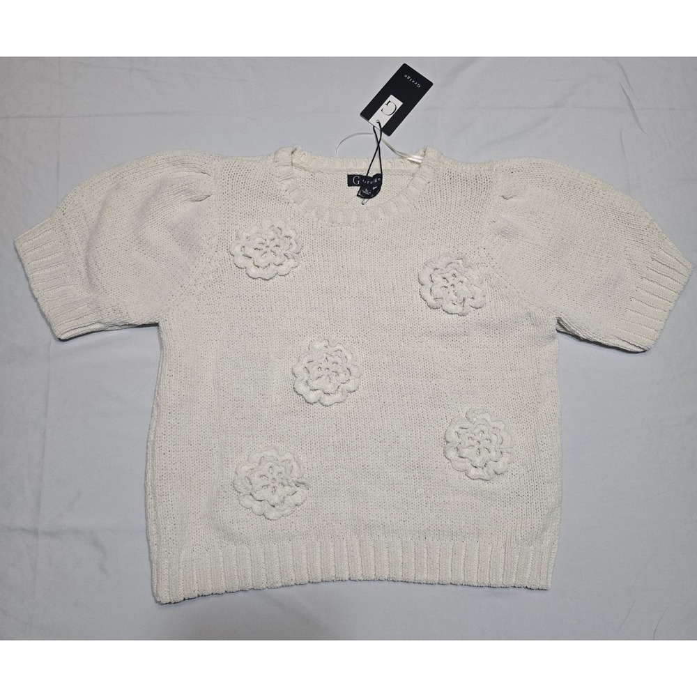 Greige NWT Womens Cream Knit Crochet Sweater‎ Shirt Short Sleeve Large Boho Soft